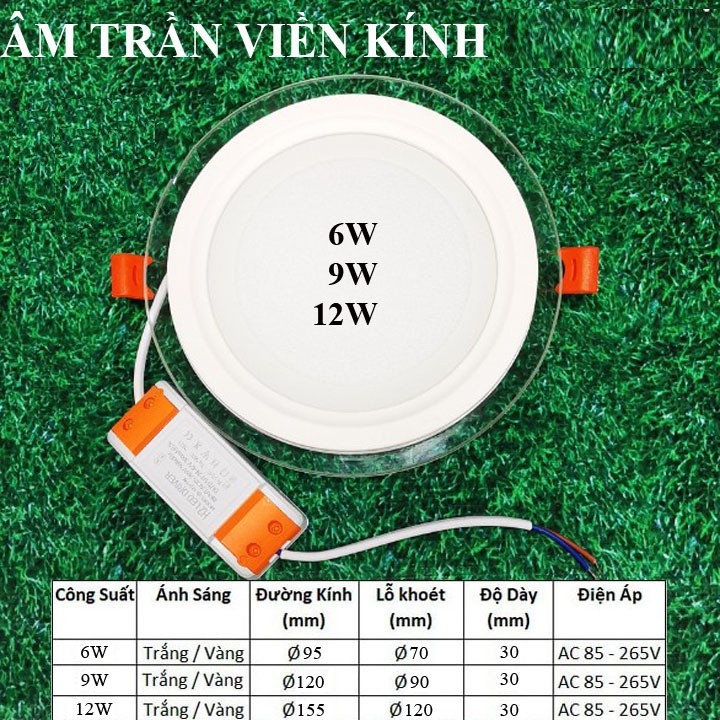 Đèn led âm trần kính 6W-9W-12W sáng trắng sáng vàng