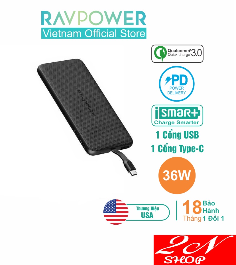 Pin sạc dự phòng ravpower 5000mah rp-pb160 tích hợp usb type-c