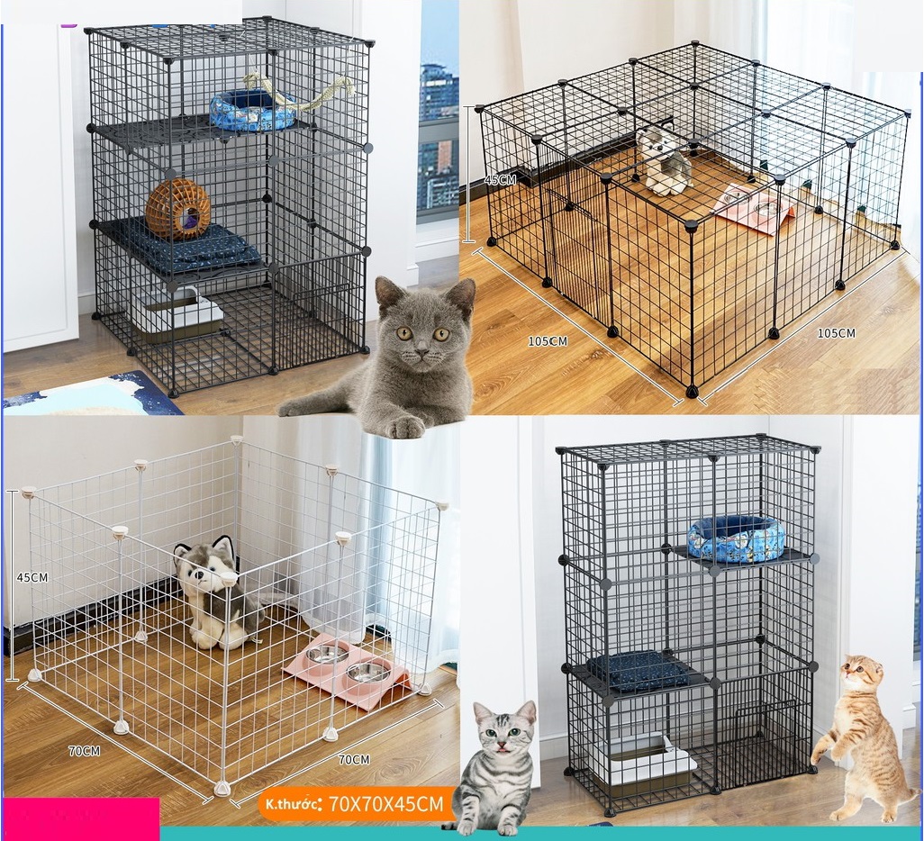 Bộ Chuồng Quây Thú Cưng 10 Tấm Ghép 35x35cm Chuồng Chó Mèo Lắp Ráp Đa Năng Rào Quây Cho Chó Mèo Bằng Lưới Sắt Sơn Tĩnh Điện Chuồng Thú Cưng Đa Năng Tặng Kèm 2 Chốt Nối