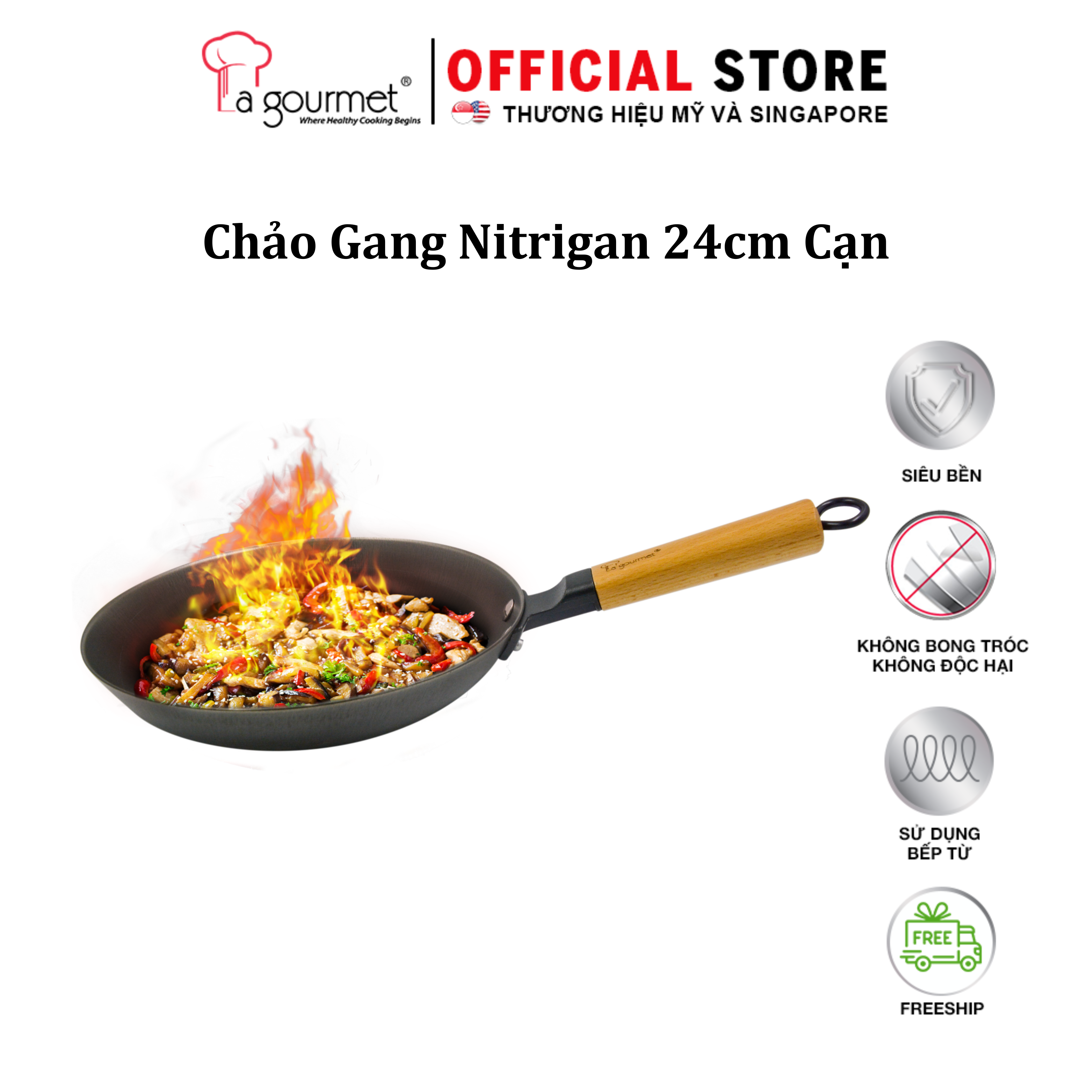 Chảo gang cao cấp 1 Tay Cầm La gourmet Nitrigan 24Cm Cạn -chính hãng-sử dụng bếp từ- 367501
