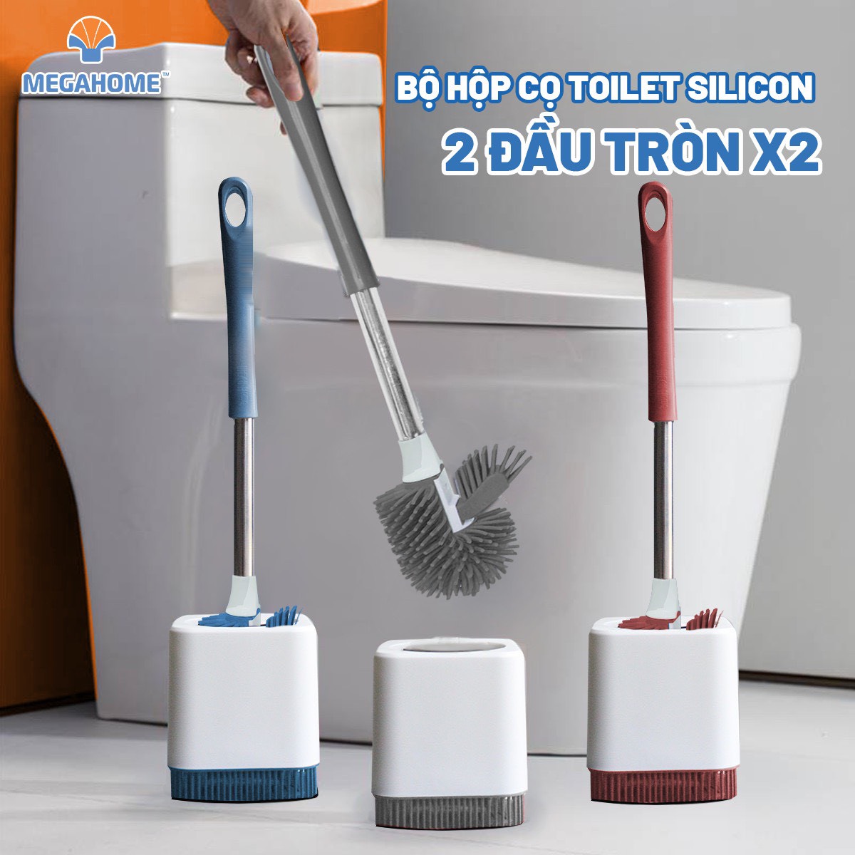 Bộ hộp cọ toilet Megahome silicon 2 đầu X2 siêu sạch có kèm hộp đựng tiện lợi