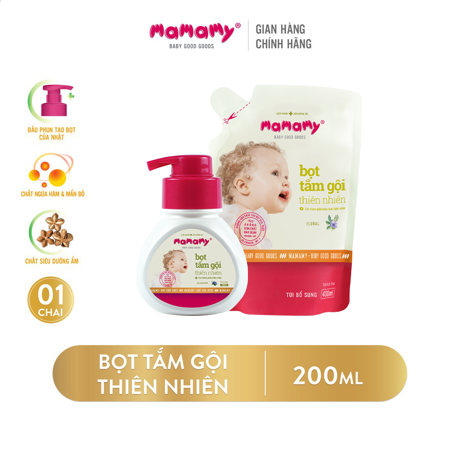 Combo chai bọt tắm gội 200ml Mamamy+ 1 túi bọt tắm gội 200ml dưỡng ẩm ngừa hăm, sạch khuẩn an toàn cho trẻ sơ sinh