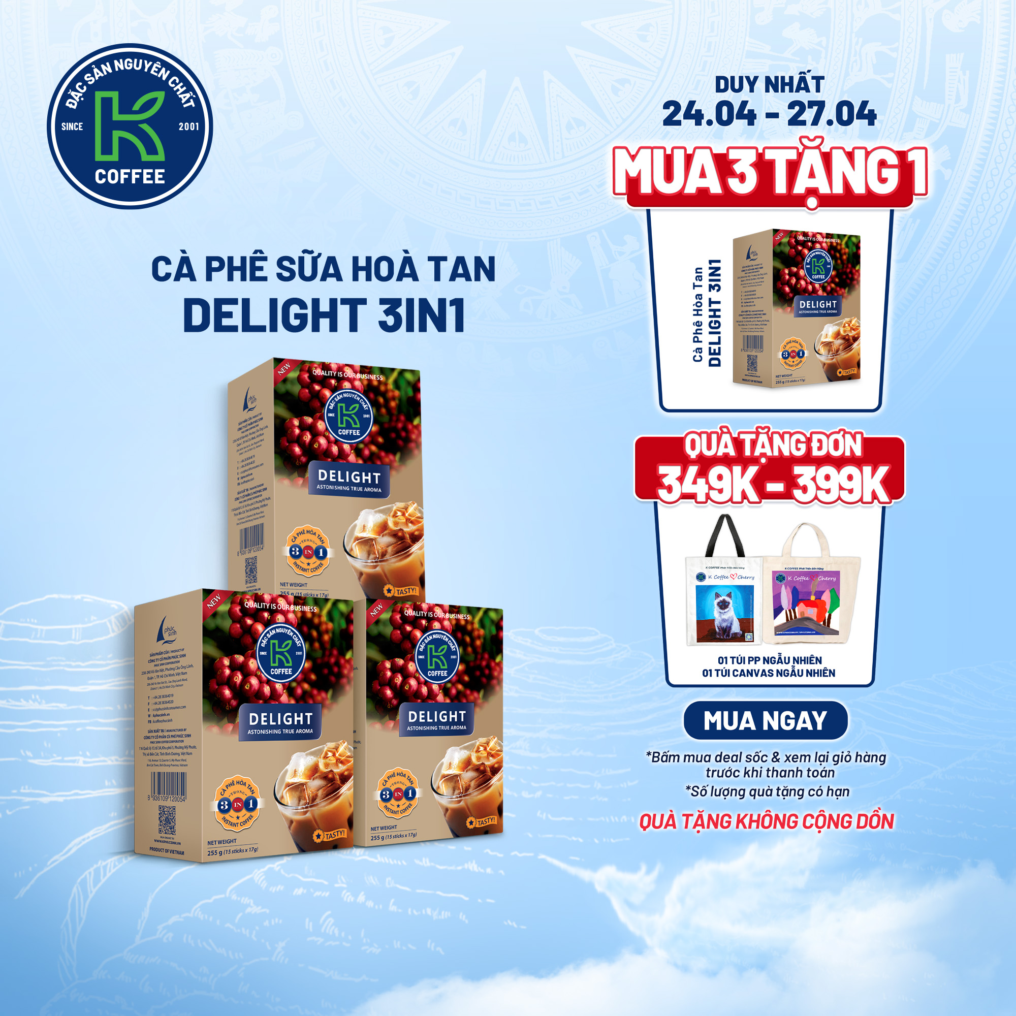 Cà phê sữa hòa tan k delight 3in1 255g thương hiệu k coffee