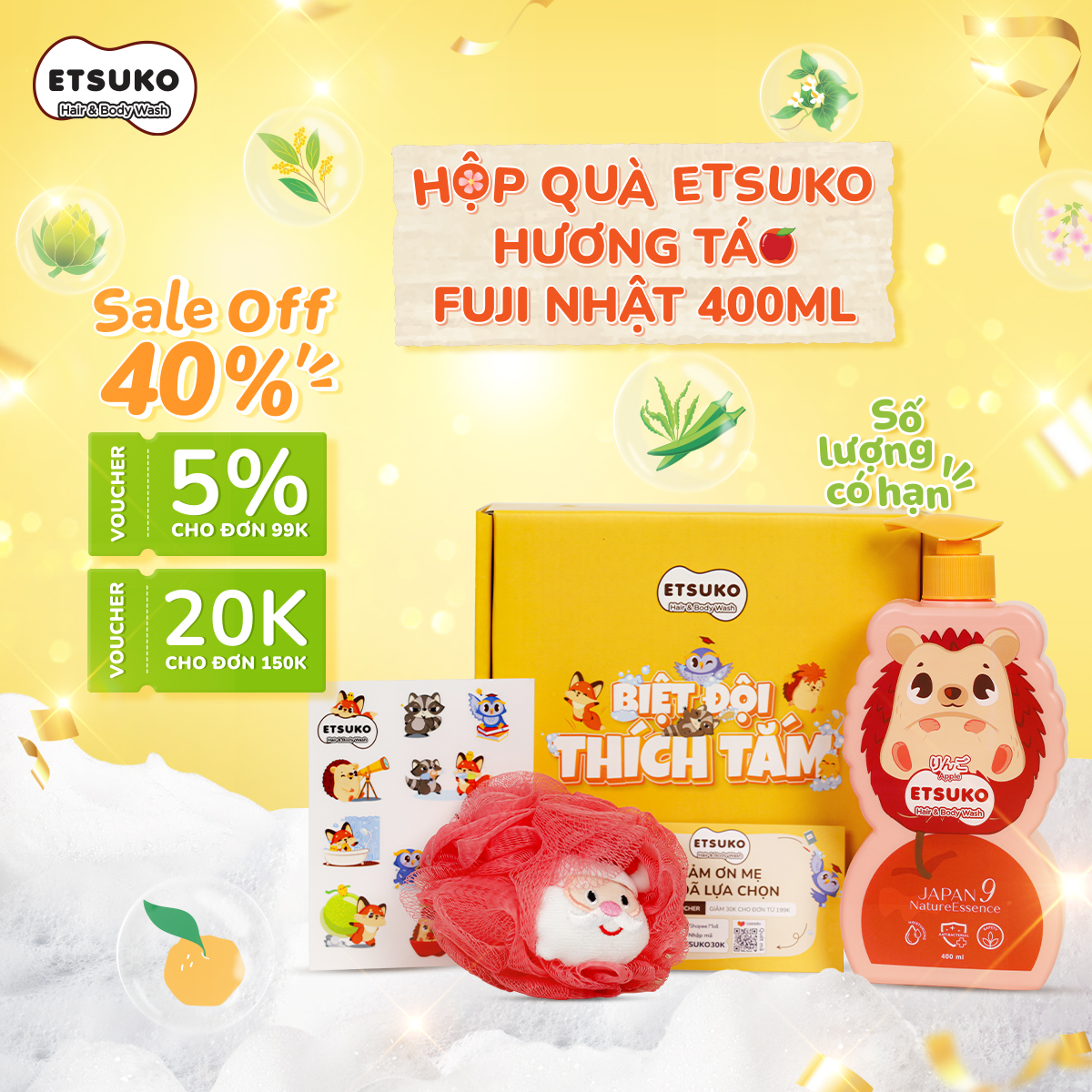 Hộp quà tắm gội dưỡng ẩm kháng khuẩn etsuko hương táo fuji nhật 400ml