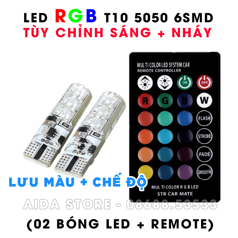 Bộ đèn LED RGB demi điều khiển màu + chế độ nháy, sáng chuẩn T10 12v