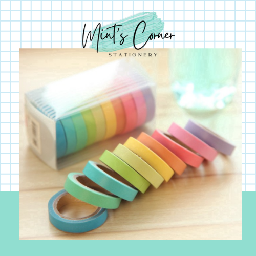 Bộ 10 cuộn băng keo washi màu cầu vồng dùng trang trí thủ công DIY