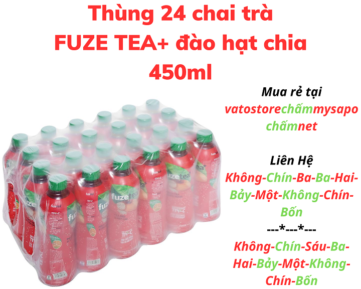 Thùng 24 chai nước trà FUZE TEA+ đào hạt chia 450ml / Lốc 6 chai nước trà FUZE TEA+ đào hạt chia 450ml