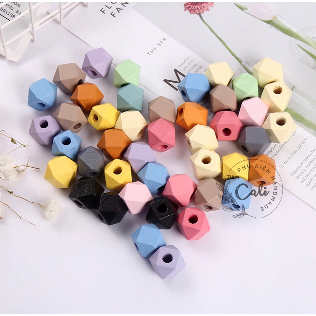 Hạt gỗ đa giác nhiều màu size túi 10 hạt
