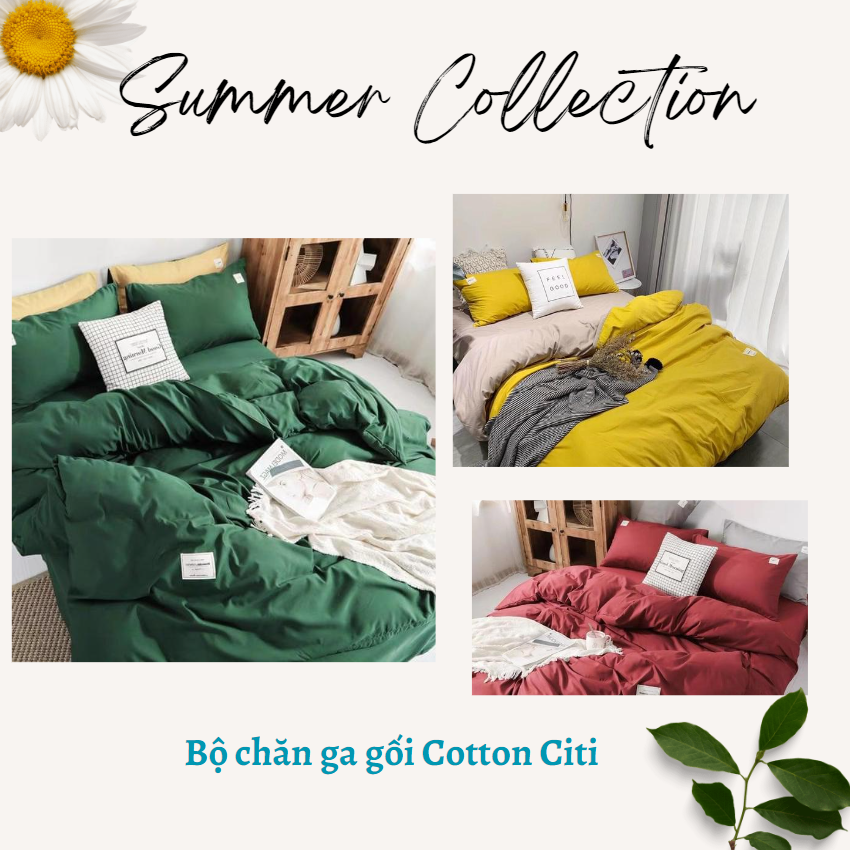 Bộ chăn ga gối cotton tici màu trơn - vỏ chăn, ga giường và 2 vỏ gối- miễn phí bo chun tại Bibonshop