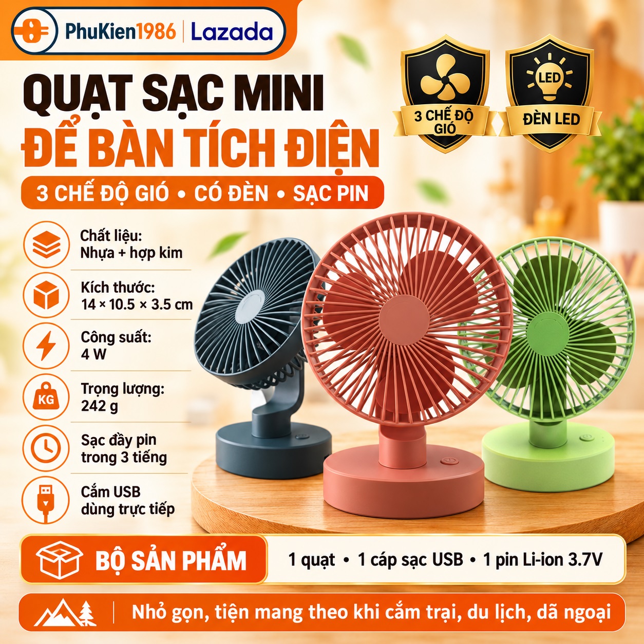 Mini Rechargeable Desktop Fan with 3 Extremely Cool Wind Modes - with Light and Battery Charger - Random Color Delivery