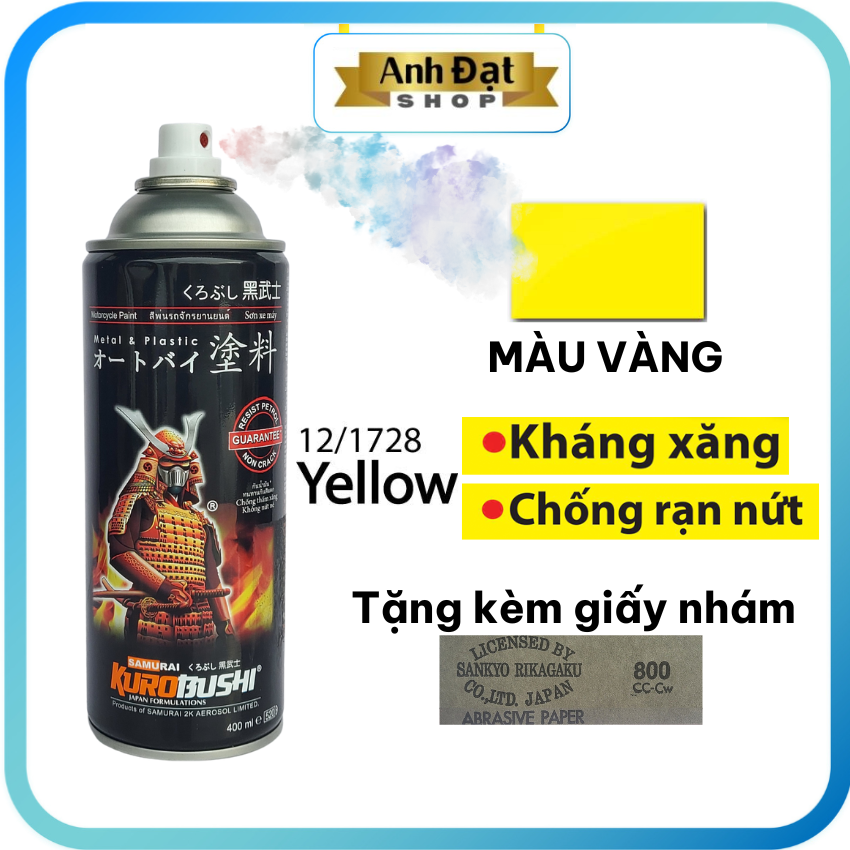 [SƠN SAMURAI] Màu vàng 1728, dung tích 400ml, có khả năng kháng xăng (A92, A95), chống rạn nứt, Anh Đạt shop