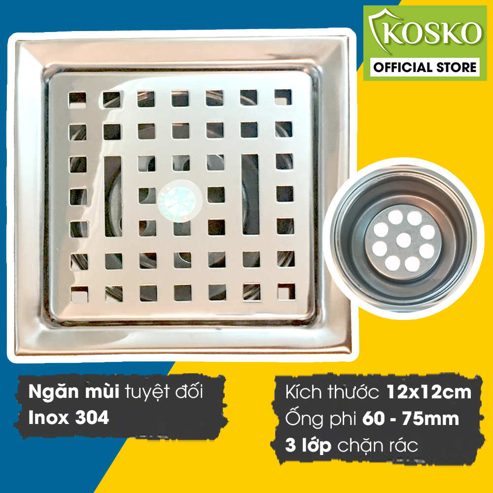 Ga thoát sàn, phễu thoát sàn INOX Vinahasa 12x12cm Phi 75 - 60mm Chống Hôi – Lọc Rác 3 lớp hiệu quả G235 (Bảo hành 12 tháng – 1 đổi 1 trong 7 ngày)