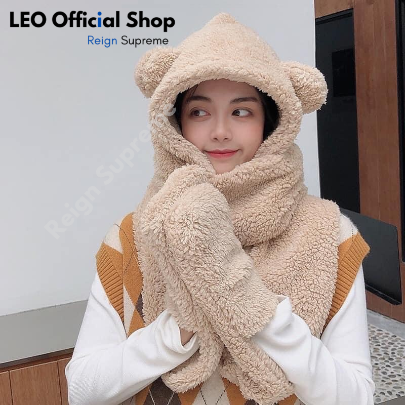 Mũ Len Lông Cừu Tai Gấu Dễ Thương Mùa Đông Kèm Khăn Quàng Cổ Và Găng Tay