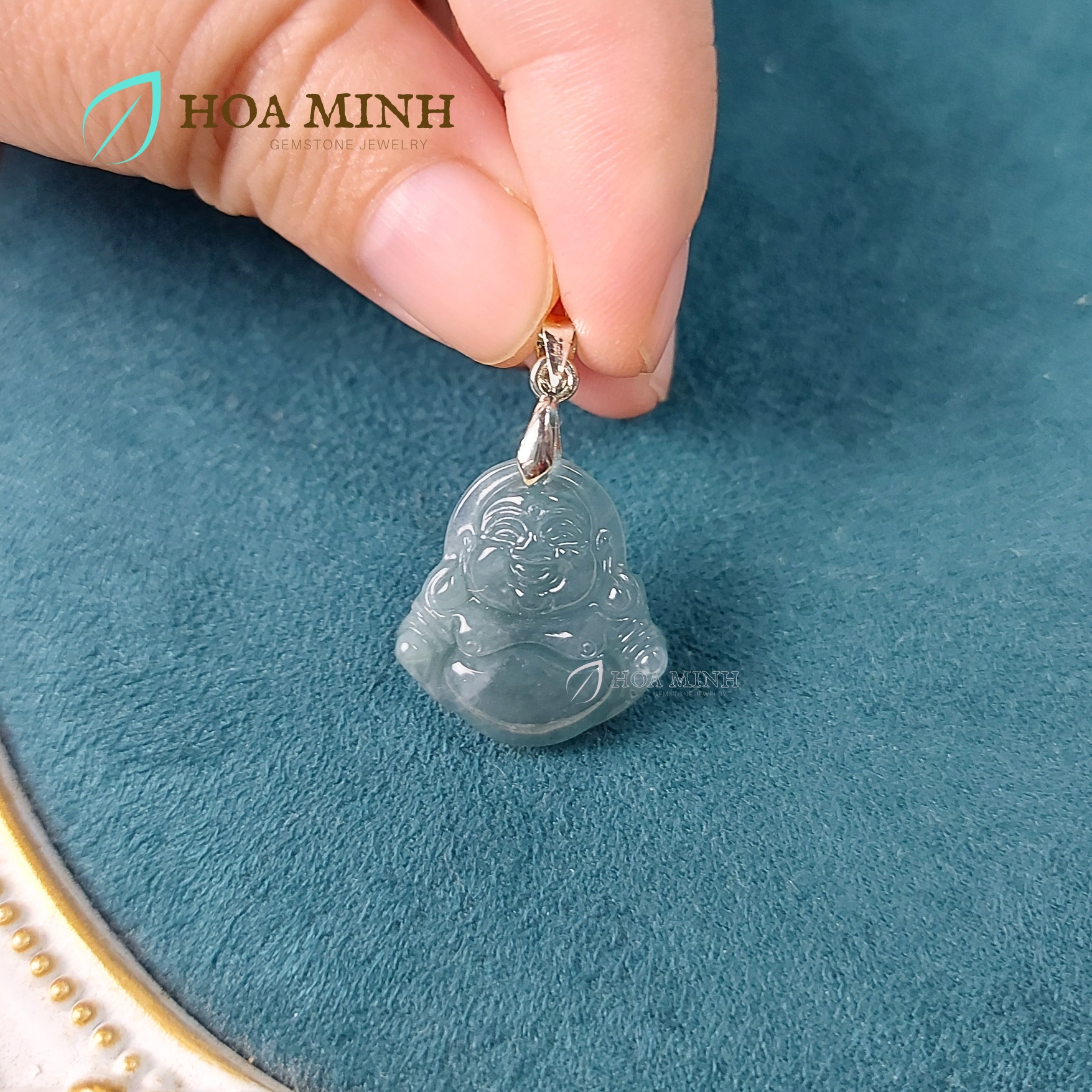 Mặt dây chuyền ngài Di Lặc đá cẩm thạch ngọc lam size 18x20mm phong thuỷ tài lộc, may mắn không kén mệnh | Hoa Minh Gem