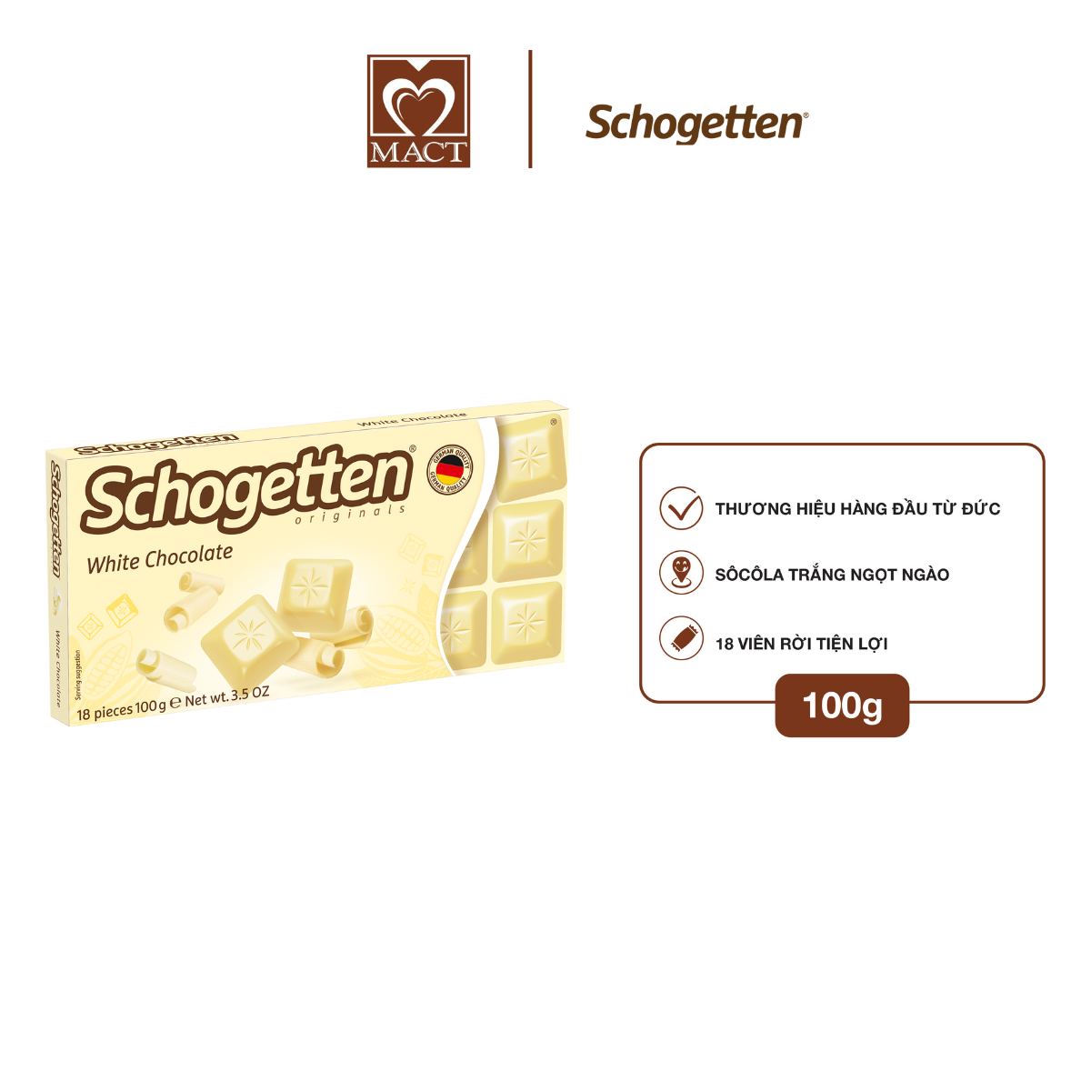  Sôcôla SCHOGETTEN - Vị trắng White Chocolate - thanh 100g gồm 18 viên rời 
