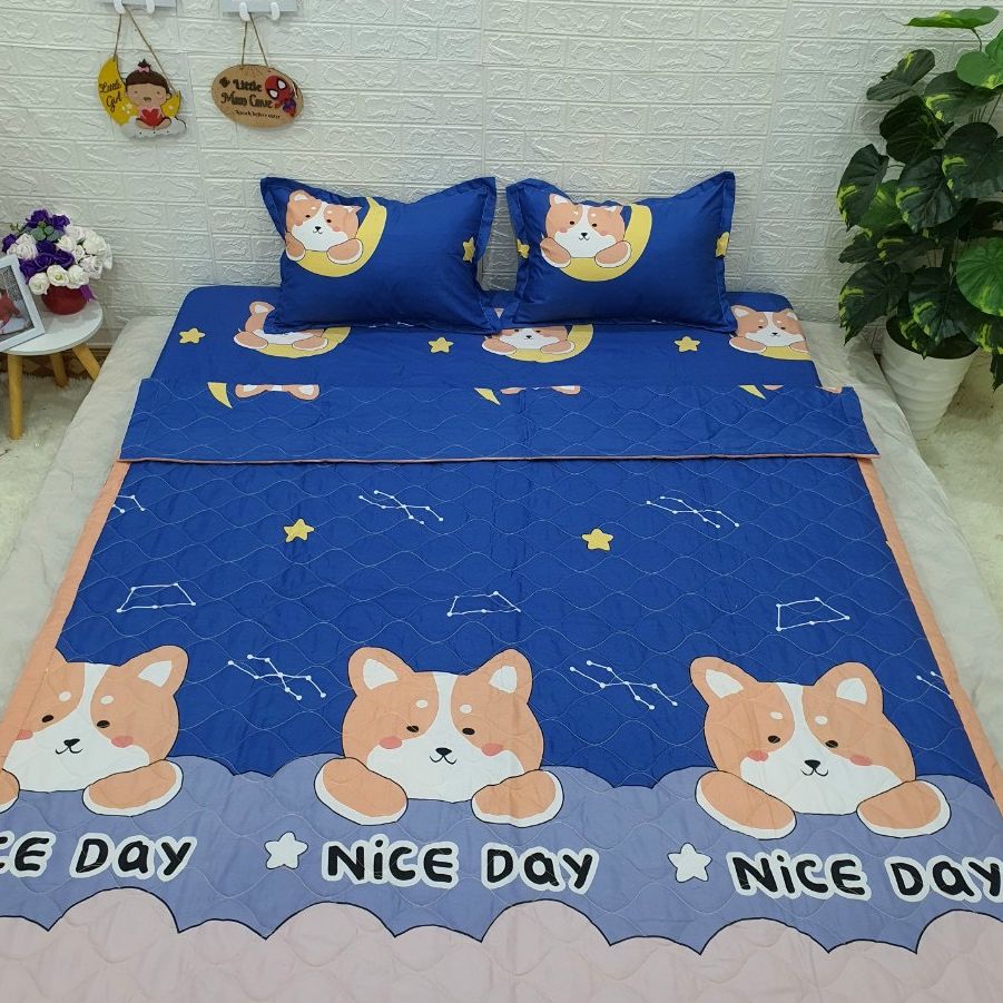 Bộ chăn ga gối cotton poly - cún xanh tiệm nhà cá