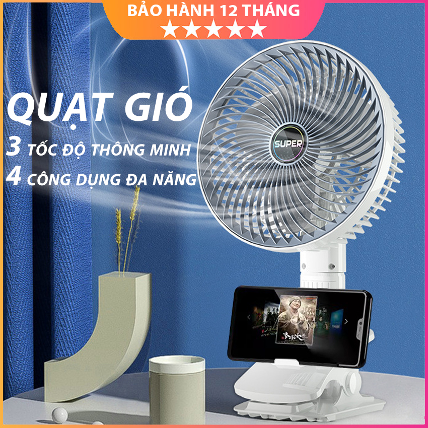 Quạt Tích Điện Cầm Tay Mini Đa Năng 3 Tốc độ Gió 4 Công Dụng, Sạc Đầy Dùng Liên Tục Trong 2H, Cầm Tay, Kẹp Bàn làm Việc, Treo Tường, Đặt Dứng, Quay 360 độ