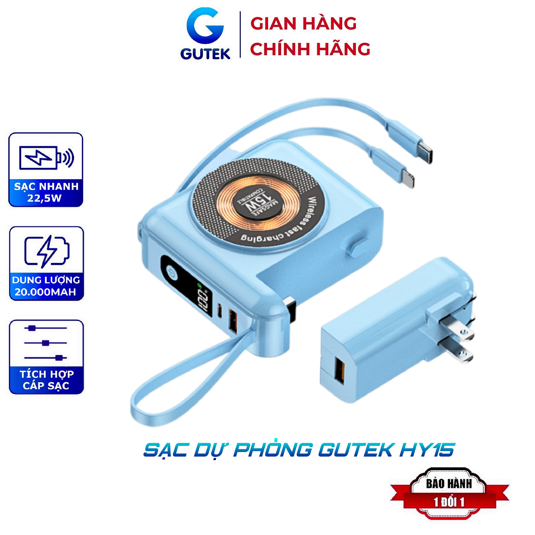 Sạc dự phòng không dây 20000mah sạc nhanh 22,5w pin dung lượng lớn kèm bộ củ dây cáp cho điện thoại - Gutek HY15