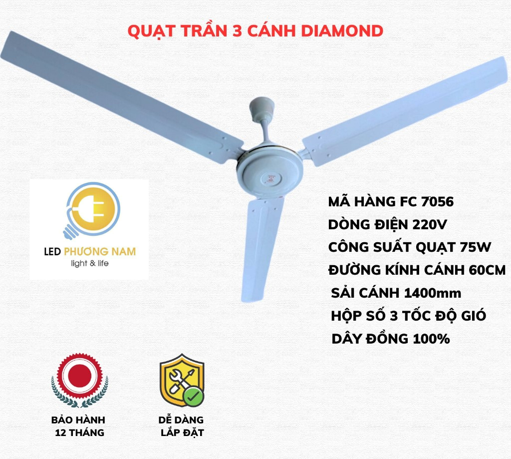 Quạt trần 3 cánh 75w tiết kiệm điện diamond