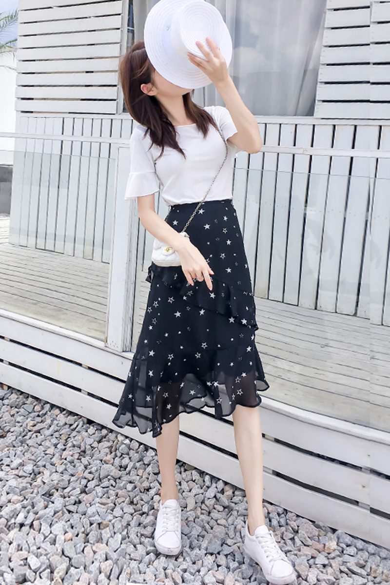 Chân váy voan họa tiết vạt chéo hình sao Ulzzang