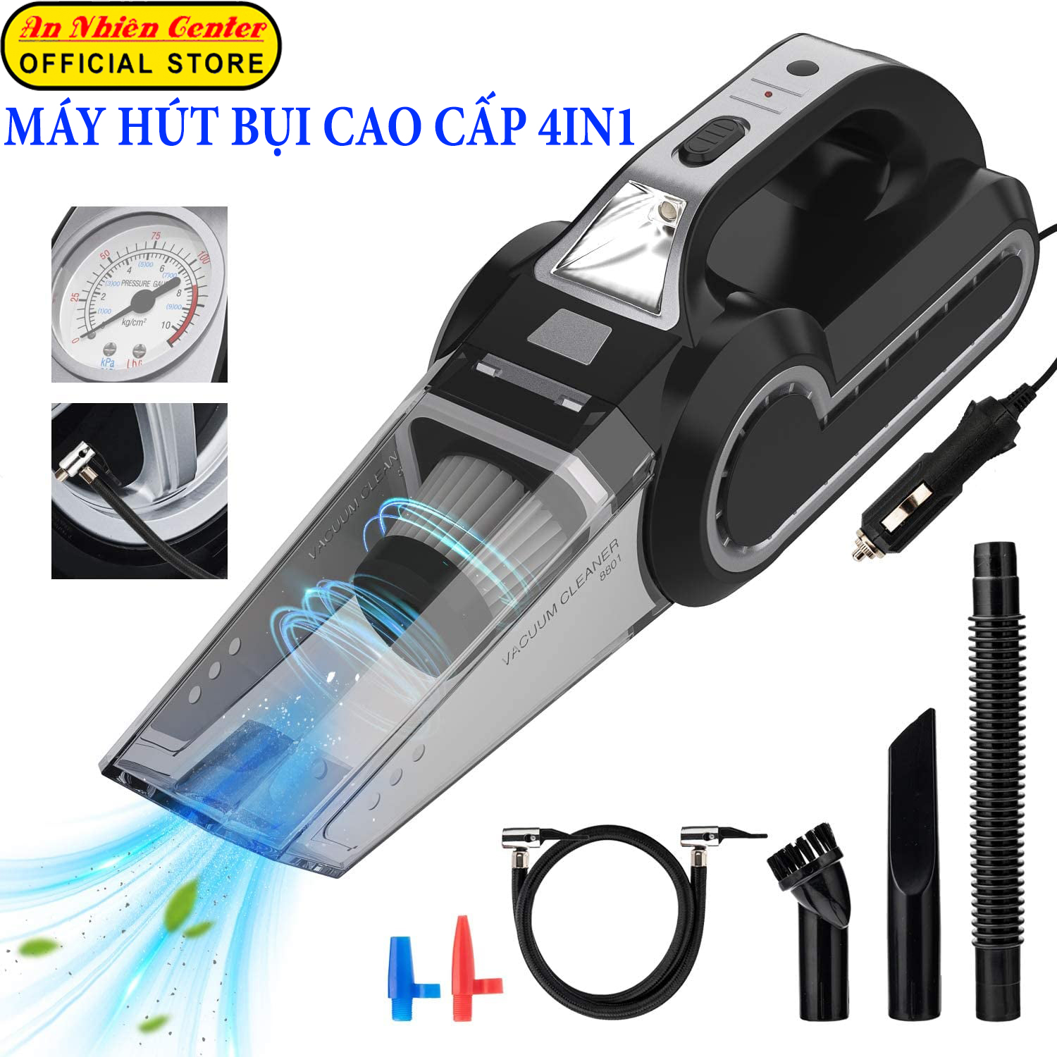 Máy hút bụi cao cấp LY-8801 4 in 1, Máy hút bụi cầm tay 120W, kết hợp bơm lốp ô tô kiêm đo áp suất lốp - May hut bui Oto, Máy hút bụi xe hơi, May hut bụi mini cầm tay, Máy hút bụi ô tô 4 trong 1