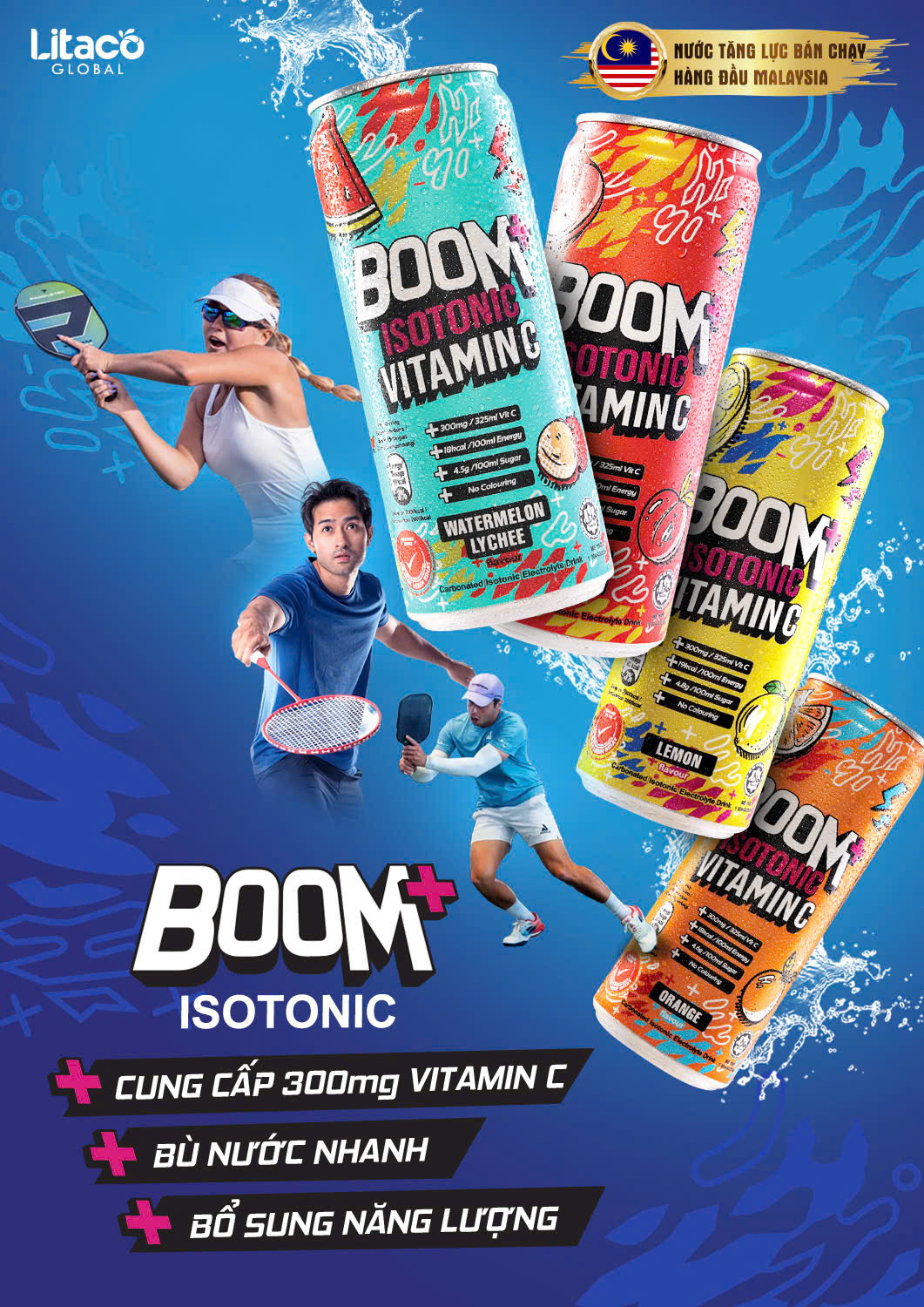 Nước Tăng Lực BÙ KHOÁNG TỨC THÌ BOOM+ ISOTONIC Vitamin C (Đào / Chanh / Cam / Dưa Hấu & Vải)