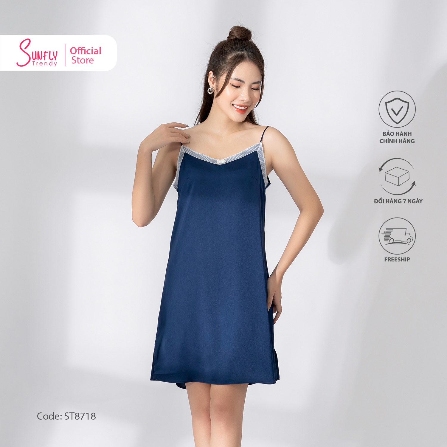 Đầm lụa hai dây SUNFLY váy ngủ xẻ tà hai bên sexy quyến rũ đồ ngủ mặc nhà chất lụa mềm mịn thoáng mát ST8718