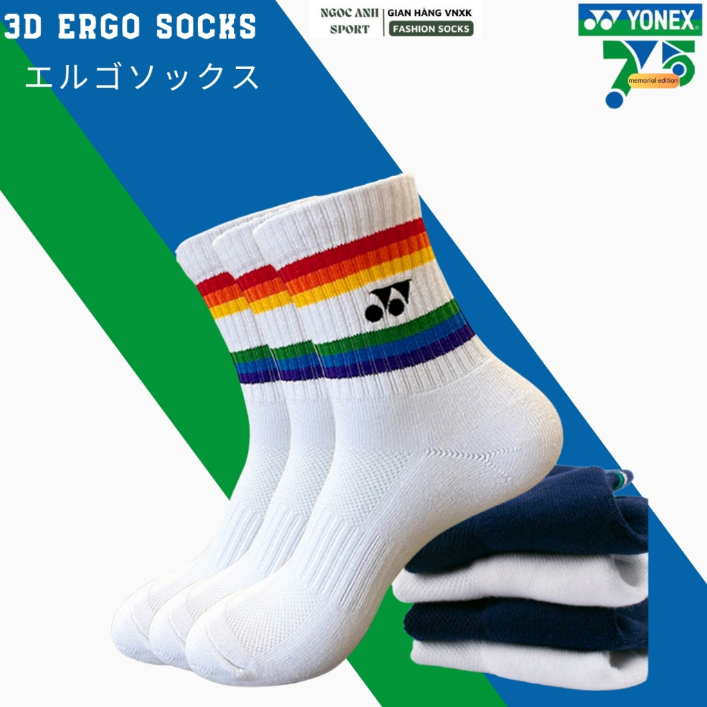[Hàng Đẹp - Combo 5 đôi] Tất cầu lông Yonex 75h viền màu cầu vồng, Vớ thể thao Yonex dày dặn, chống trượt, cotton thấm hút mồ hôi
