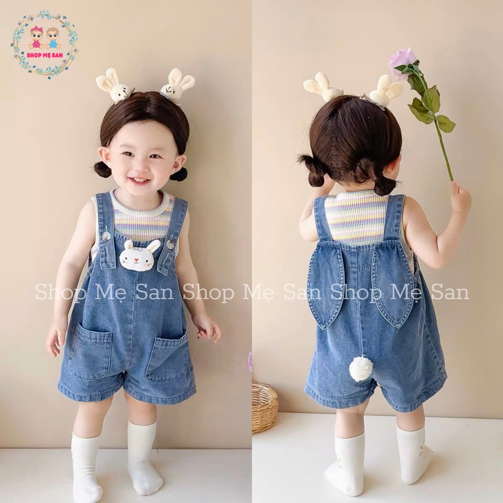 Yếm cho bé gái, set áo + yếm bò tai thỏ dễ thương với áo chất tăm gân mềm mát cùng yếm bò mềm đẹp