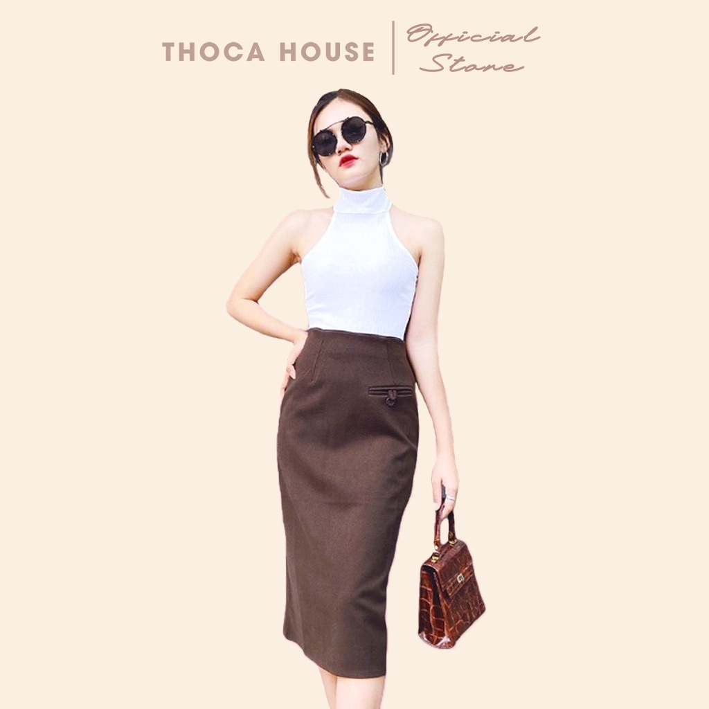 Chân váy dài chữ A dáng lỡ túi mổ nút gài THOCA HOUSE nữ tính, dịu dàng, phối đồ cực xinh cho nàng đi làm, đi chơi