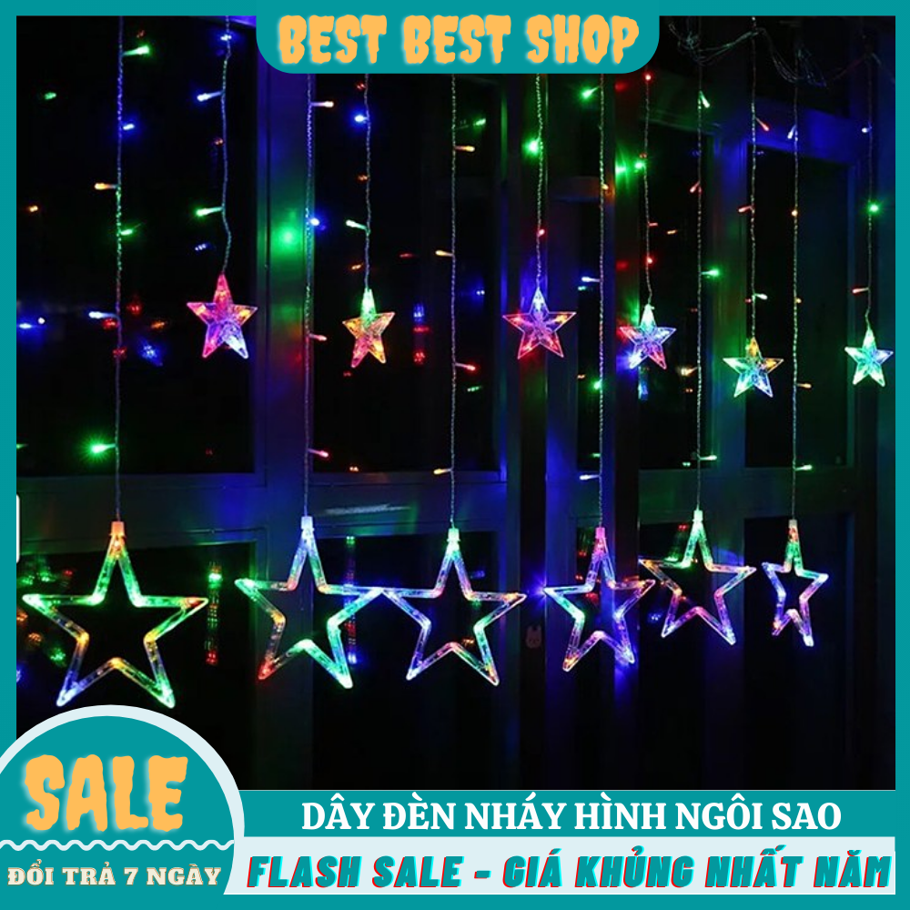 Dây Đèn Chớp Rèm Ngôi Sao 12 Sợi 138 Led, Dây Đèn Led Nháy Nhiều Màu, Đèn Trang Trí Tết, Đèn Chớp Tắt Đủ Màu, Đèn Rèm Màn Ngôi Sao