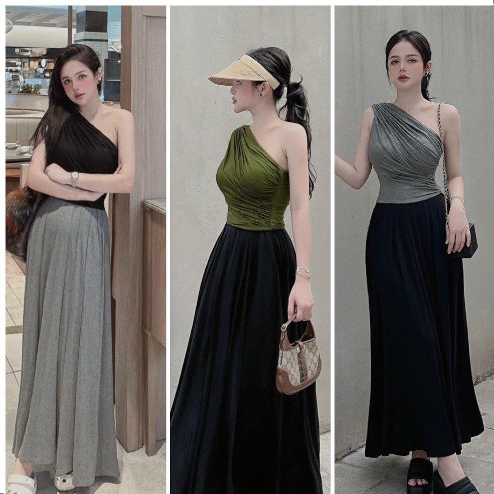 Set áo kiểu lệch vai kèm chân váy xòe dáng dài sang chảnh - thun mịm mát