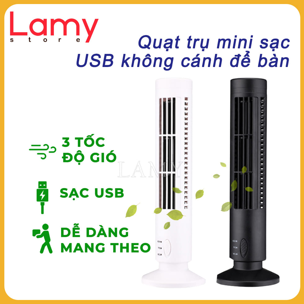 Quạt Mini Để Bàn Hình Trụ Không Cánh, Quạt Tháp Điều Hòa Không Khí Dọc Dây Sạc USB Tiện Lợi