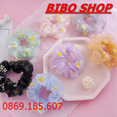 Dây buộc tóc hoa cúc, cột tóc scunchies vải lưới trong suốt họa tiết hoa cúc