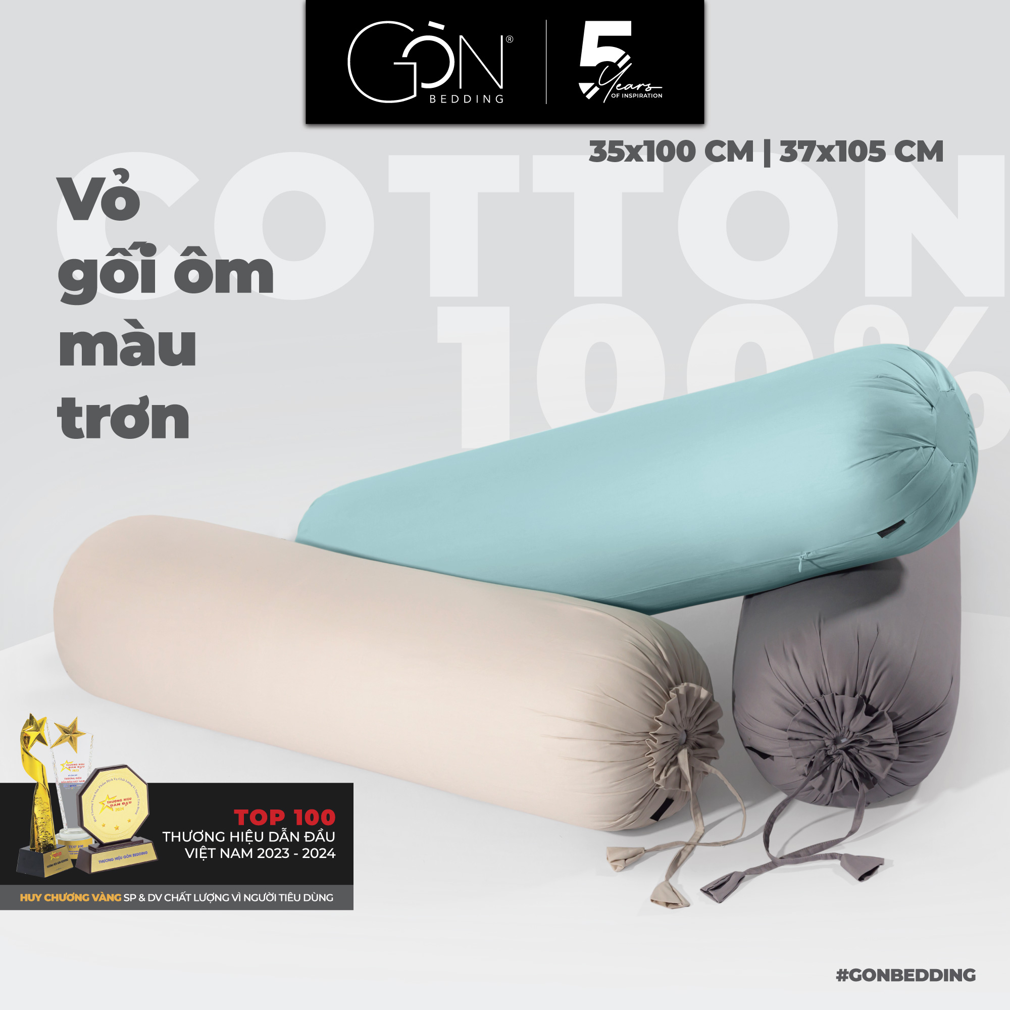 (22 MÀU) Vỏ Gối Ôm Gòn Bedding Cotton 100% Hàn Quốc Màu Trơn 35x100, 37x105 cm Tùy Chọn Dây Rút, Dây Kéo