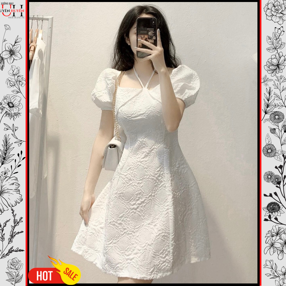 Đầm trắng hoa gấm - Váy trắng tiểu thư, sang chảnh, tay bồng nhẹ mix cổ yếm, hàng đẹp, đầm gấm xốp tay phồng, đầm gấm xốp trễ vai, đầm gấm xốp dự tiệc, đầm gấm sang chảnh