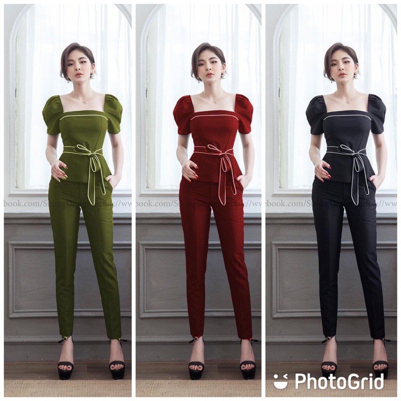 [HCM]SET BỘ THỜI TRANG DÀI PHỐI VIỀN THẮT NƠ DỄ THƯƠNG