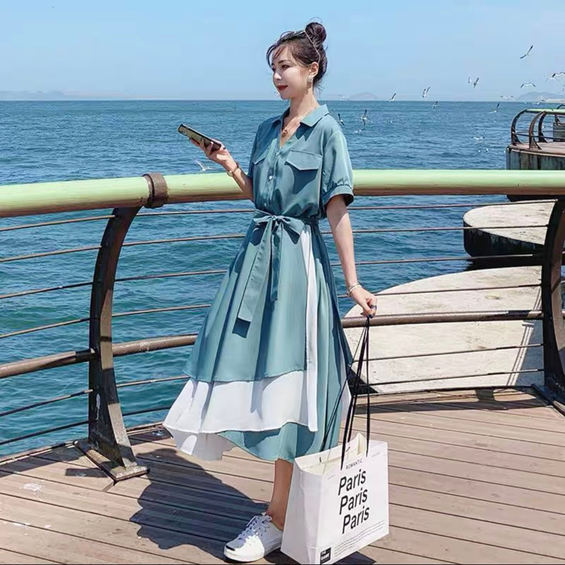Đầm sơ mi xanh túi hộp phối trắng ms167