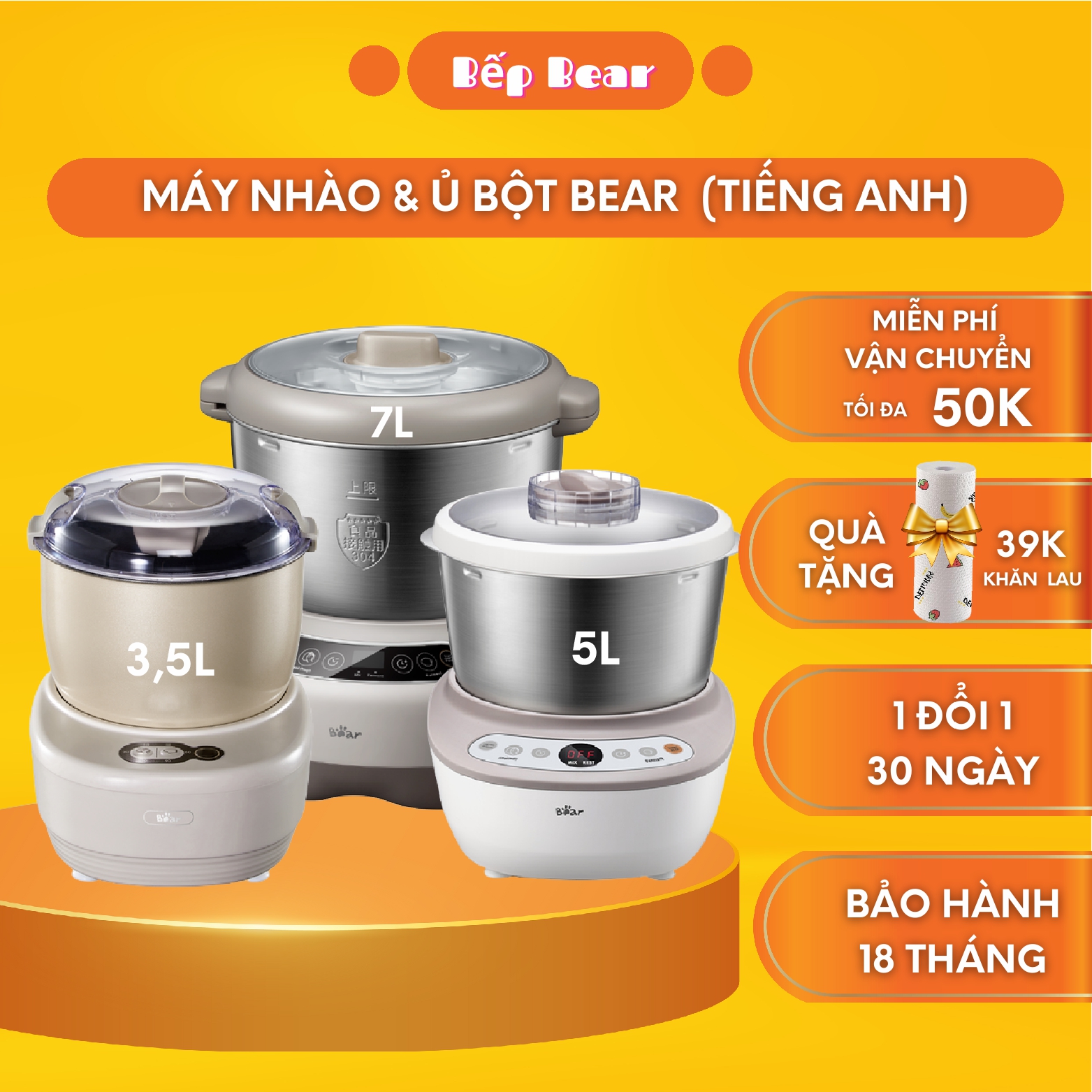 Máy Nhào Bột Tự Động Bear, Máy Trộn Bột Bear, Ủ Bột ,Dung Tích 3.5L, 5L, 7L_Trộn Ủ Bột Tự Động_Bản Quốc Tế Bảo Hành 18 Tháng