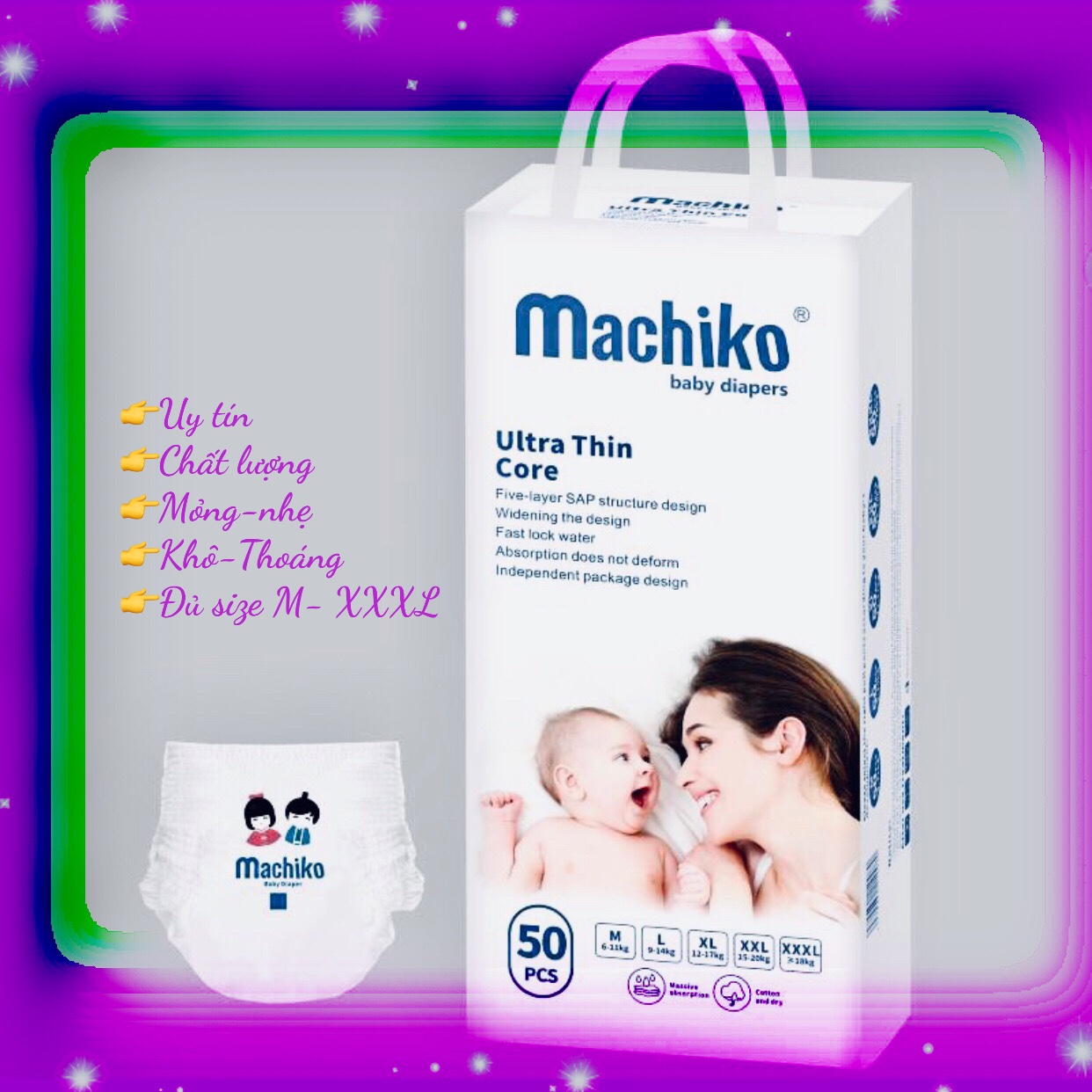 [HCM]100 miếng tả quần - bỉm quần MACHICO mỏng nhẹ siêu khô thoáng thấm hút tốt cho bé cảm giác thoải mái dễ chịu