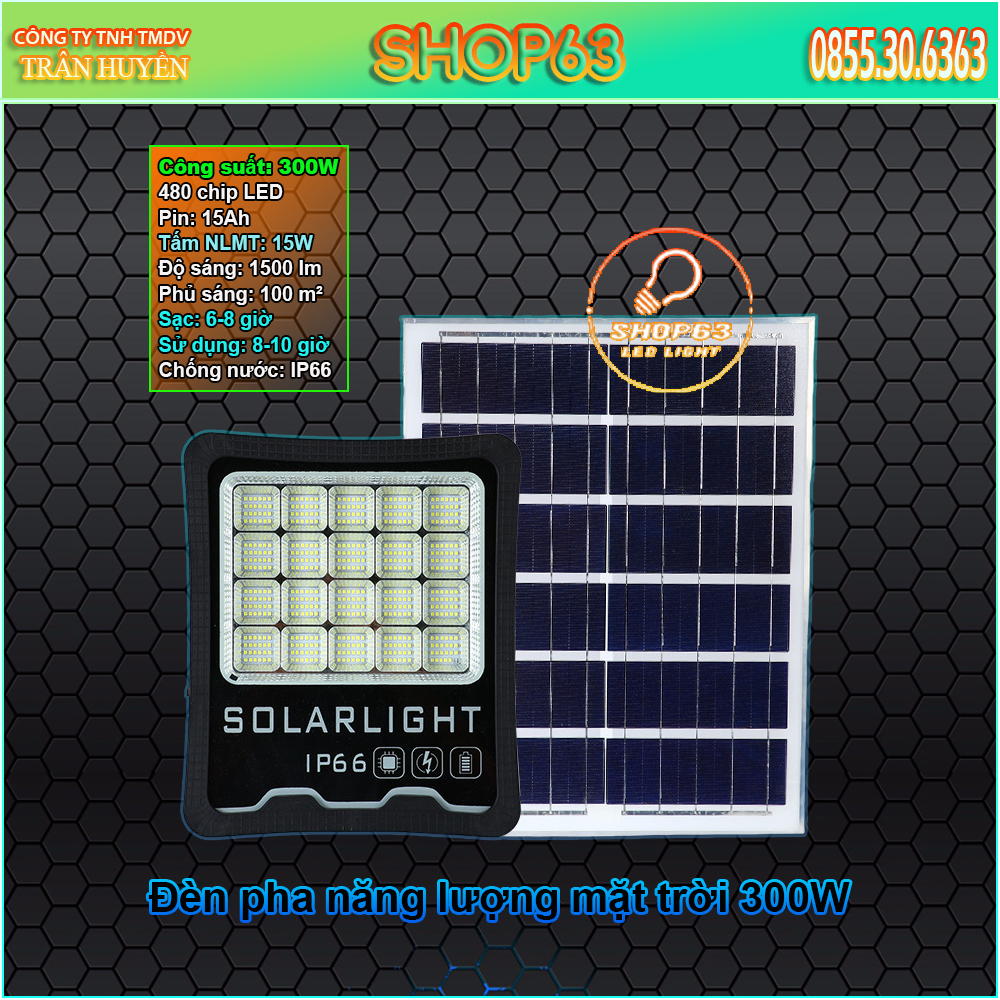 Bộ đèn pha năng lượng mặt trời 300W với 480 chip LED siêu sáng - đa tinh thể siêu sáng (dung lượng pin 15Ah - sáng liên tục 12 giờ)