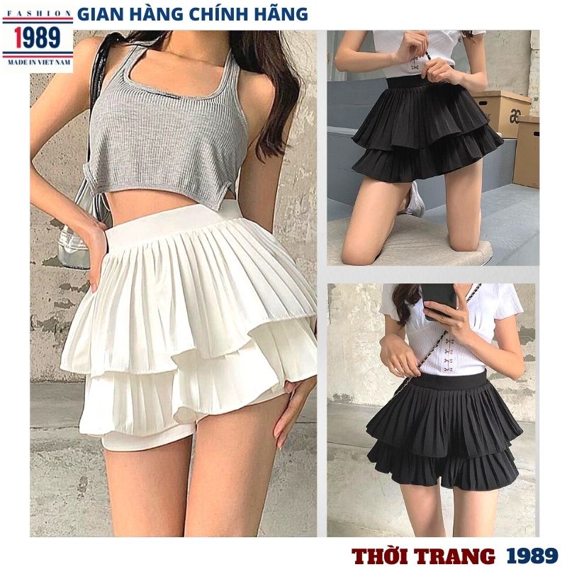 chân váy tenis nữ _chân váy xòe vintage gợi cảm kiểu dáng hàn quốc ,2 tầng mầu trắng đen có quần bên trong đi chơi tự tin năng động ,thời trang 1989