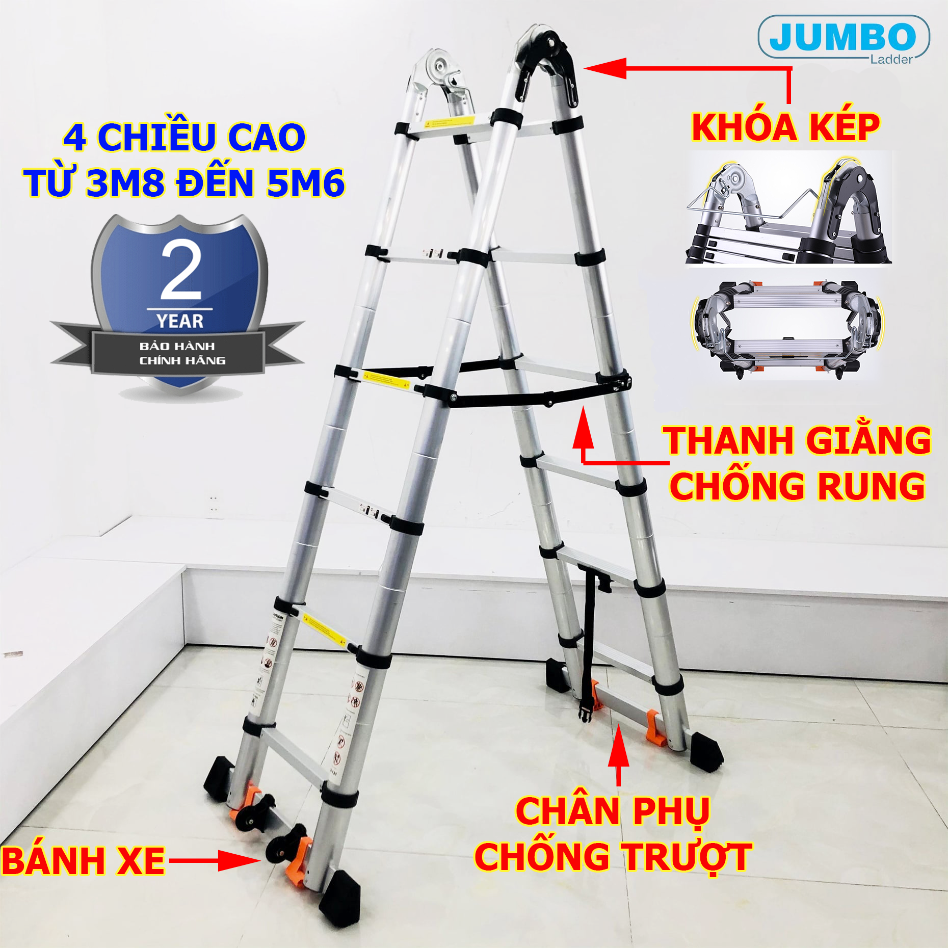 Thang nhôm rút xếp đôi chữ a jumbo a190,a220,a250,a280 new thang nhôm rút gọn đa năng cao cấp - 1m9, 2m2, 2m5, 2m8