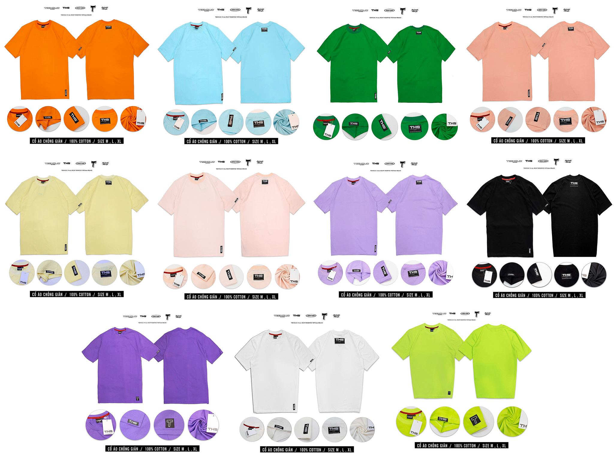 TEEHOLIC Áo Thun Trơn Unisex Nam Nữ Màu Đen, Trắng, Xanh Neon, Xanh Lá, Tím, Hồng, Vàng