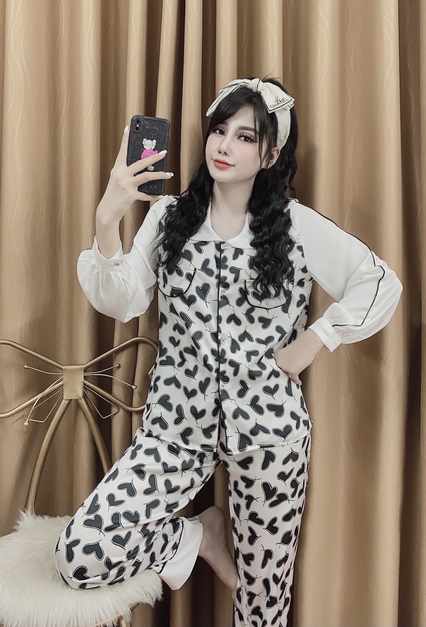 Đồ bộ pijama hình trái tim lụa satin cao cấp