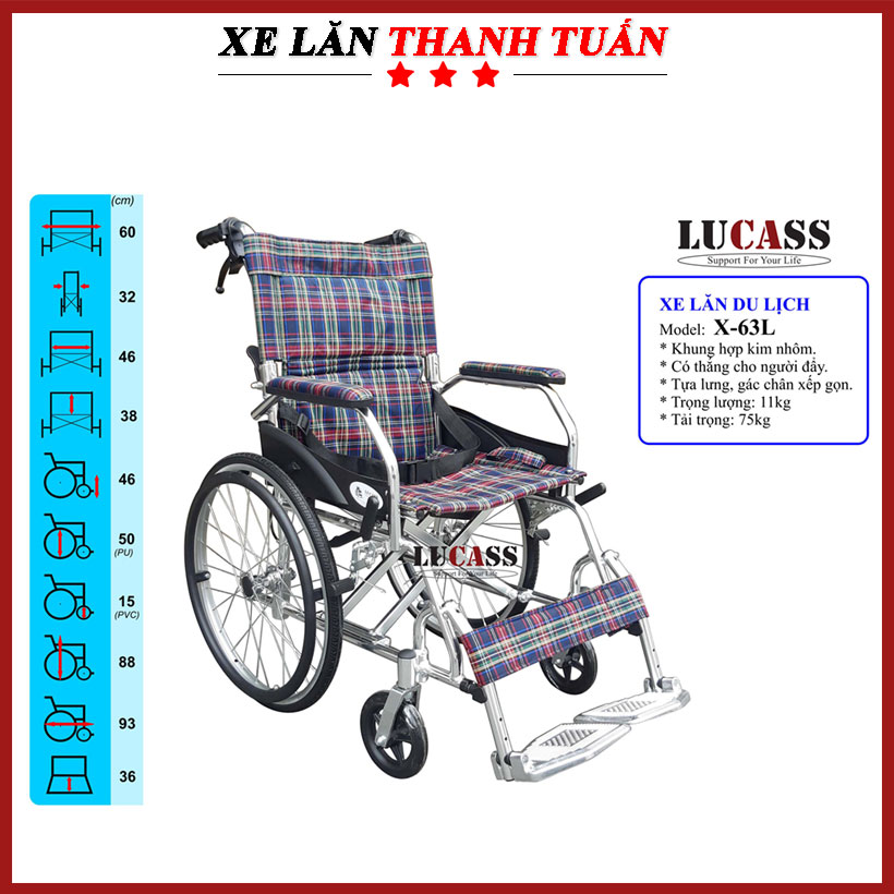 Xe lăn du lịch siêu nhẹ Lucass X63L - Khung xe hợp kim nhôm chống han gỉ, chắc chắn và dễ gấp gọn