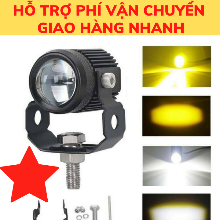 Đèn trợ sáng xe máy led bi cầu mini 2 chế độ cos vàng pha trắng siêu sáng tặng kèm công tắc