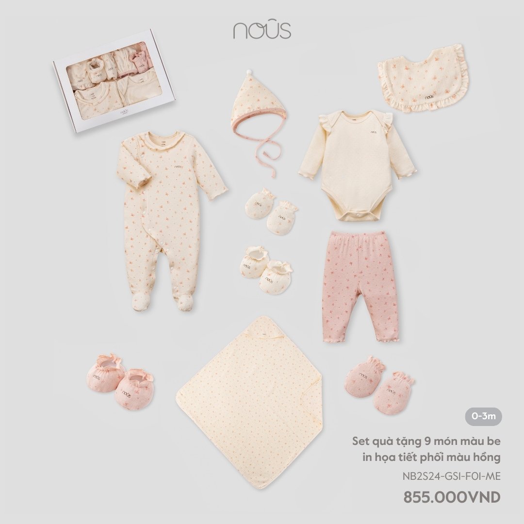 Set quần áo, mũ , yếm, 2 đôi bao tay bao chân, chăn ủ Nous màu be phối hồng dành cho bé sơ sinh chất liệu mềm mại