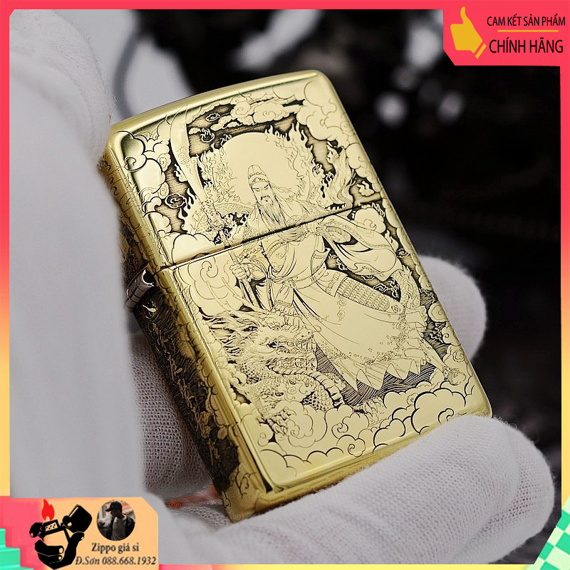Bật Lửa Zippo đồng Khắc Hình Quan Vũ Cầm Trường Đao Bản Armor - Turn on the Zippo Bronze Armor