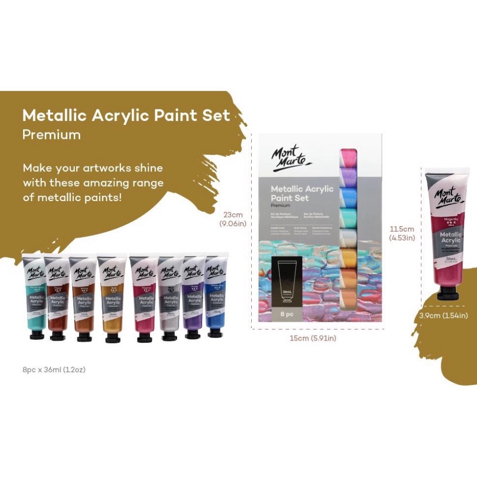 Bộ màu nhũ acrylic Mont Marte Metallic Acrylic Paint Intro Set Premium 18ml và 36ml/ Fluro Acrylic 8 màux18ml